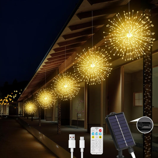 Solar Firework Lights Outdoor, 5 Pack 1000LED Solar Starburst Lights with Remote, 8 Modes Dimmable Waterproof Hanging Fairy Lights for Garden, Patio, Holiday Christmas Decor (Warm White)
