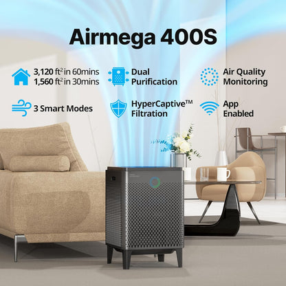 Air Purifier for Large Room Whole Home up to 3,120Ft², HEPA Filter for Smoke, Allergies, Pet Dander, Odor, App-Enabled, AQI, Smart Mode, Timer, 5Yr Warranty, Airmega 400S Graphite