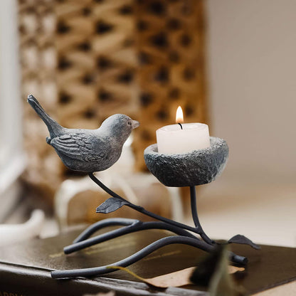 Votive Candle Holders, Vintage Home Decor Centerpiece, Iron Branches, Resin Bird and Nest, Tabletop Decorative Tealight Candle Stands,Creative Artwork (Grey Black)