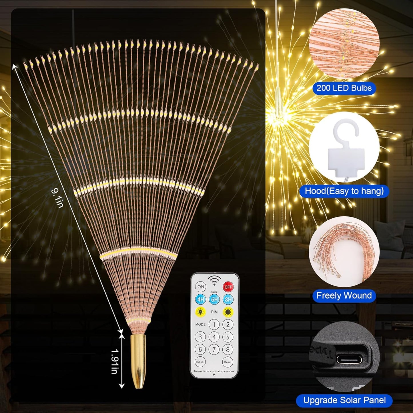 Solar Firework Lights Outdoor, 5 Pack 1000LED Solar Starburst Lights with Remote, 8 Modes Dimmable Waterproof Hanging Fairy Lights for Garden, Patio, Holiday Christmas Decor (Warm White)