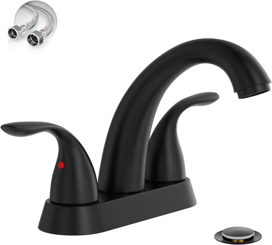 4 Inch 2 or 3 Holes 2 Handles Centerset Matte Black Lead-Free Bathroom Sink Faucet, Bathroom Faucet with Copper Pop up Drain and Water Supply Lines, BF008-5-MB